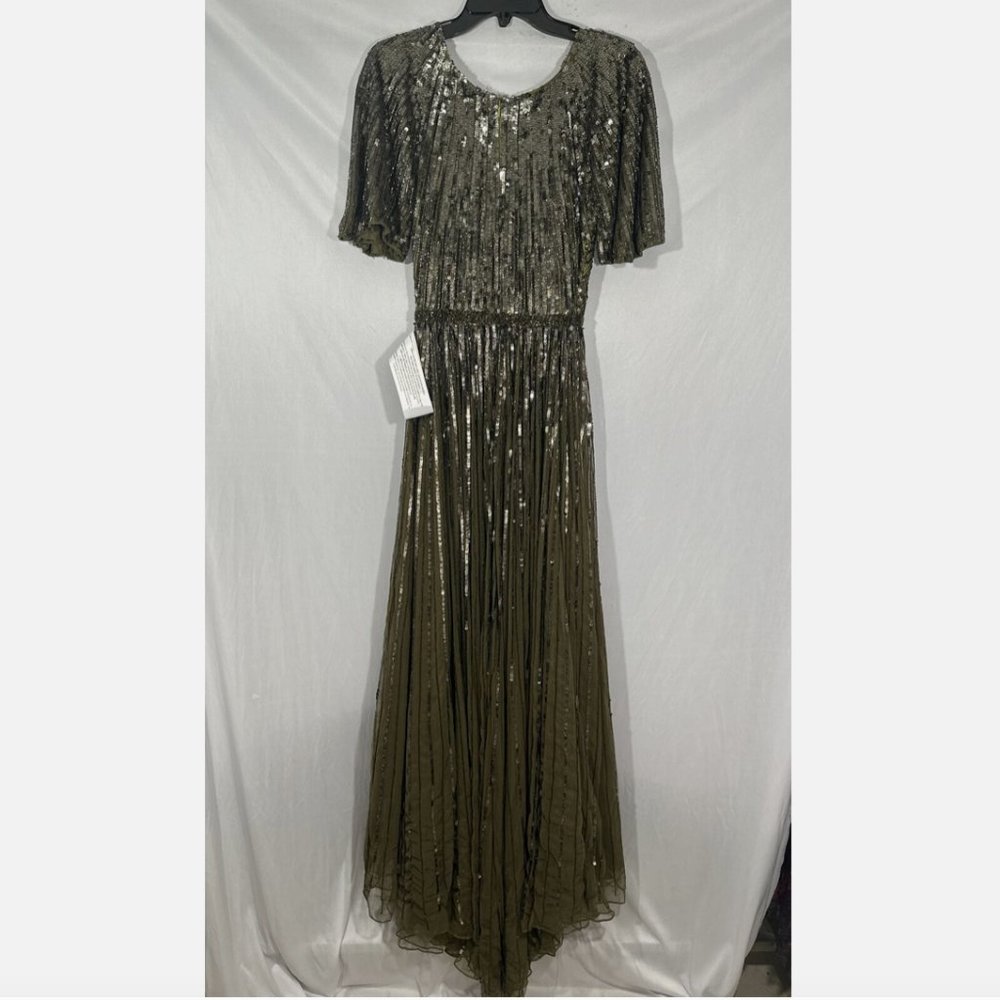 NEW $698 Mac Duggal [ 4 ] Short Sleeve Ombre Sequined‎ Evening Gown Olive #Q548 - Picture 9 of 16